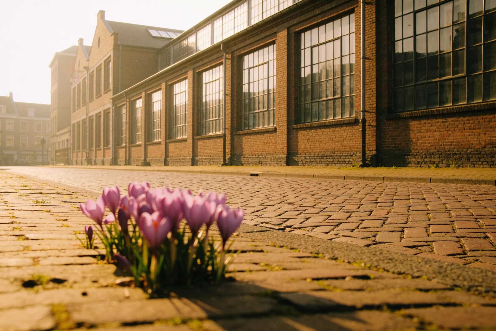 Krokussen tussen de straatstenen bij de oude werkspoorhallen